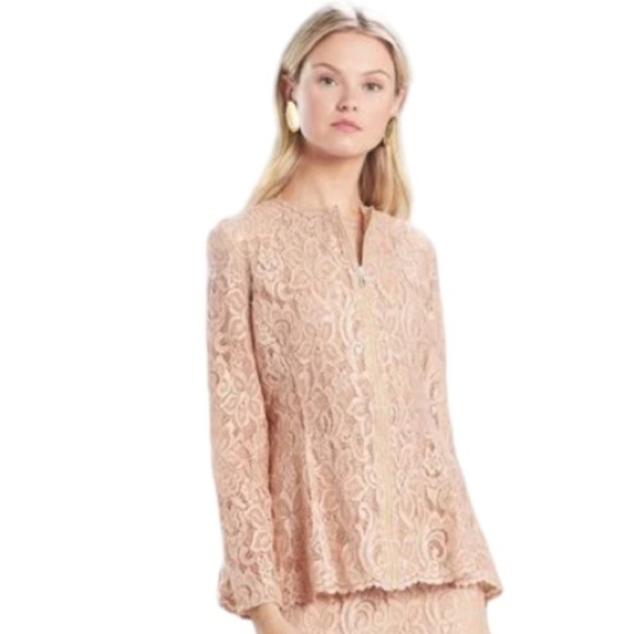 Josie Natori Lacquer Nude Lace Top NWT Zip front Semi Sheer Peplum - Picture 3 of 13